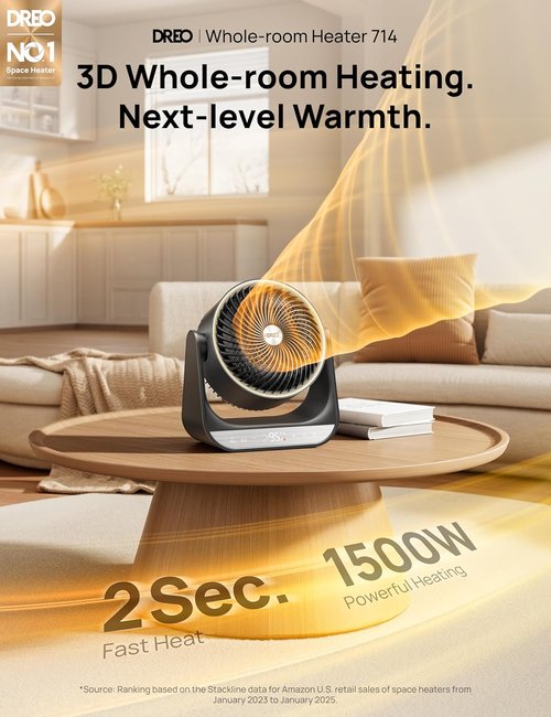 DREO Whole Room Heater - 3D Oscillating Heating with Long-Range Circulator | 3 Heat & Fan Settings, Black