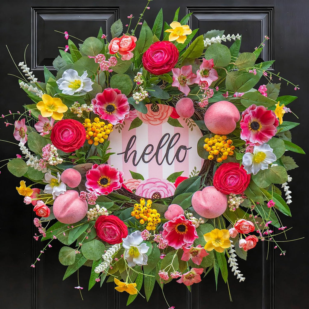 Spring Wreaths - 24 Inch Artificial Summer Wreath with Pink Roses & Hello Sign | Indoor & Outdoor Farmhouse Decor
