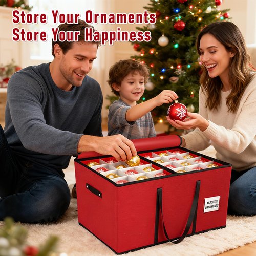 Tufmunb Christmas Ornament Storage Box, Stores 96-4" Large Ornaments with Individual Trays, Ornament Organizer Storage Box, Durable 600D Oxford Material, Extra Pockets, Dual Zipper - Red