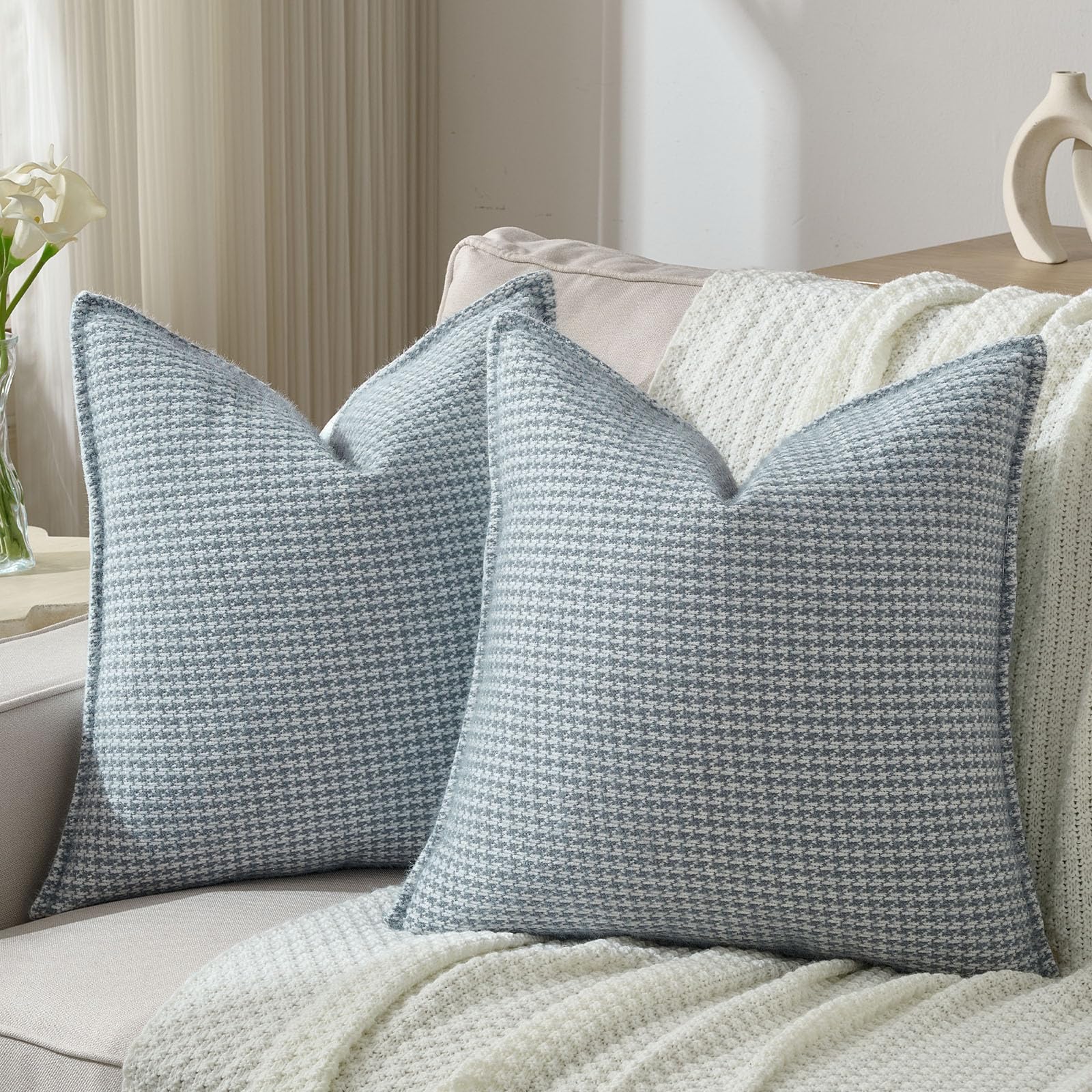 FUTEI Pack of 2 Houndstooth Throw Pillow Covers 18x18 Inch Soft Chenille Gingham Textured Farmhouse Decorative Cushion Case Modern Home Decor for Couch Bedroom Living Room, Grayish Blue