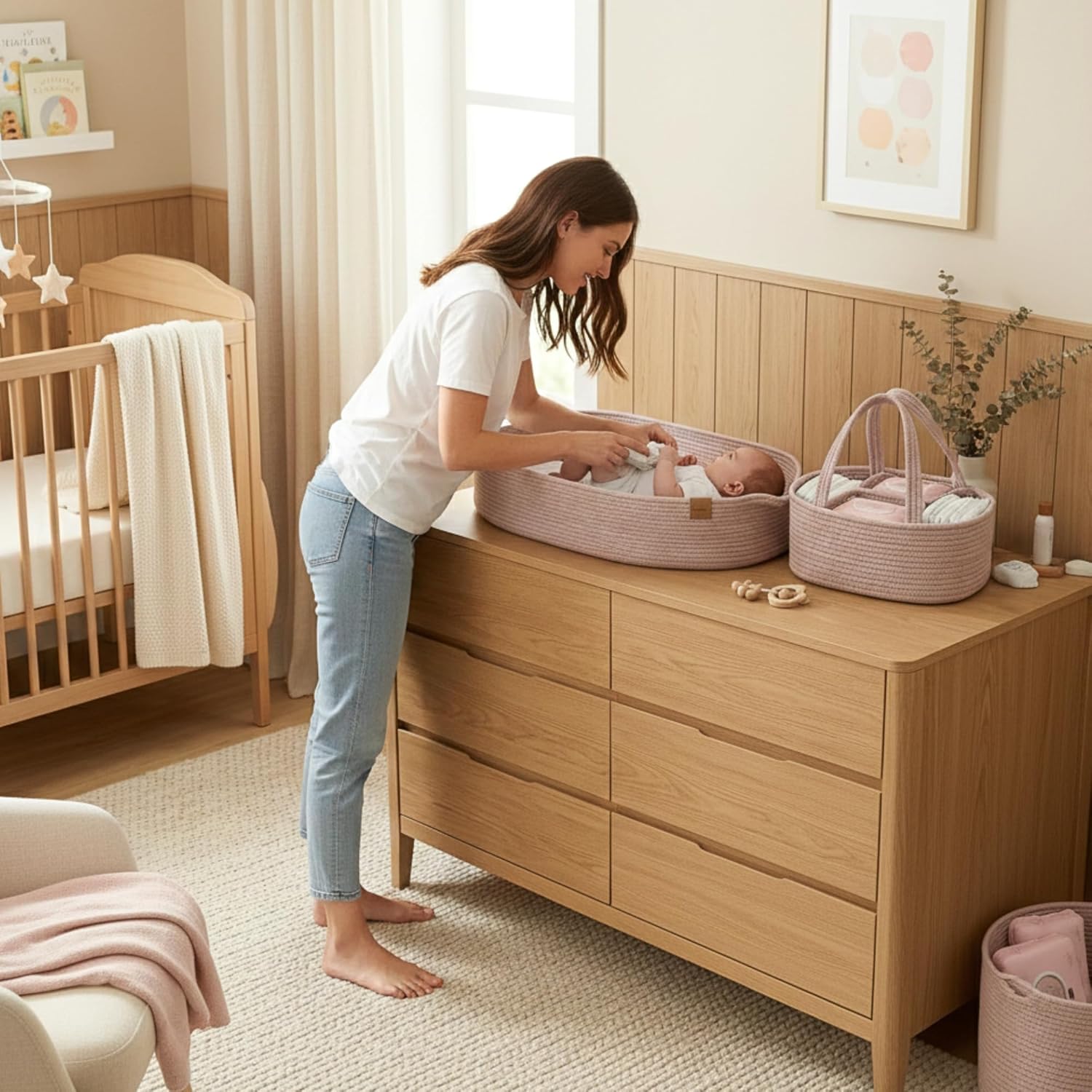 PeraBella XL Baby Changing Basket - Portable Dresser Topper with Waterproof Pad & Diaper Caddy