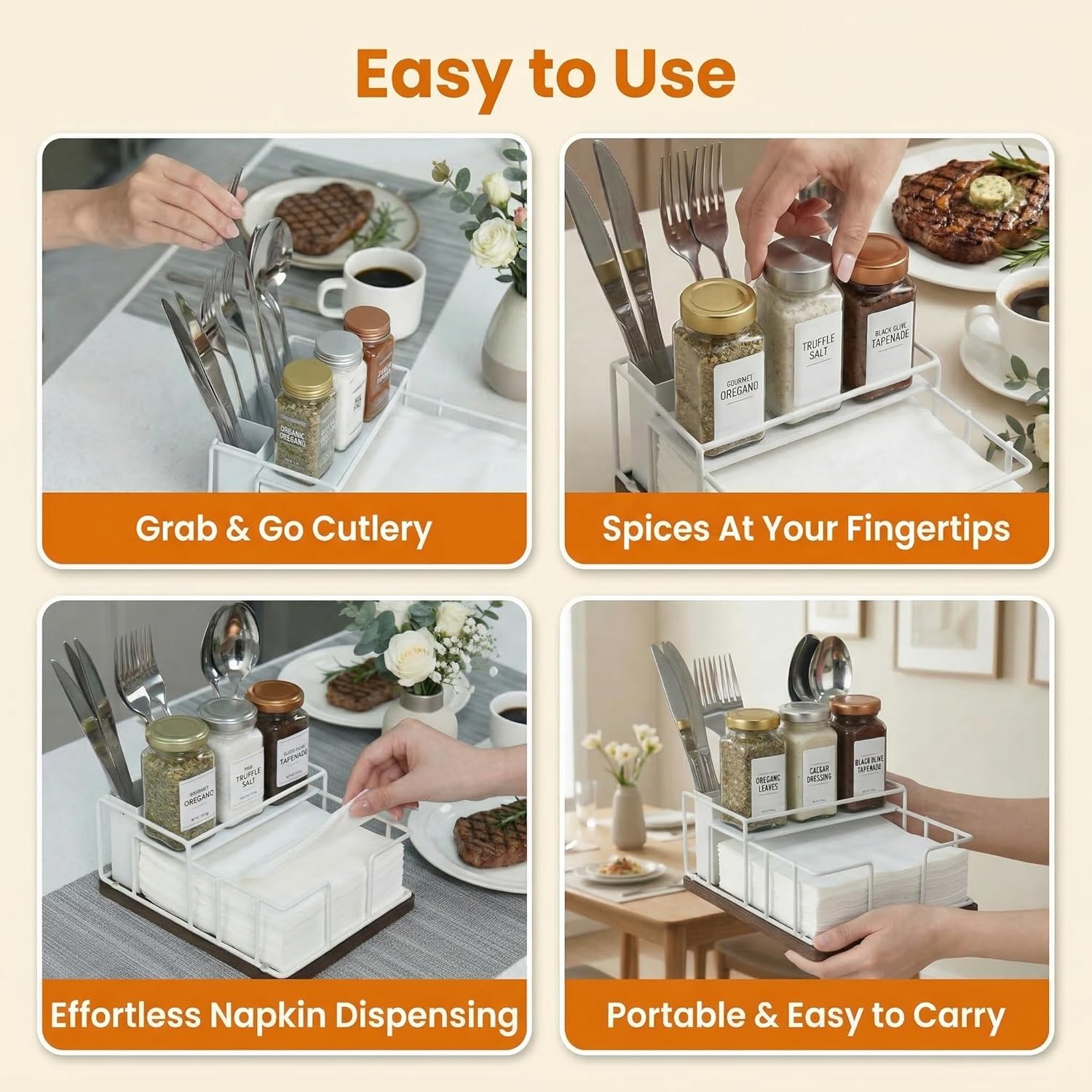 Wood & Metal Napkin Holder by [Brand Name] - 3-in-1 Utensil Caddy & Spice Rack for Kitchen or Patio (White)