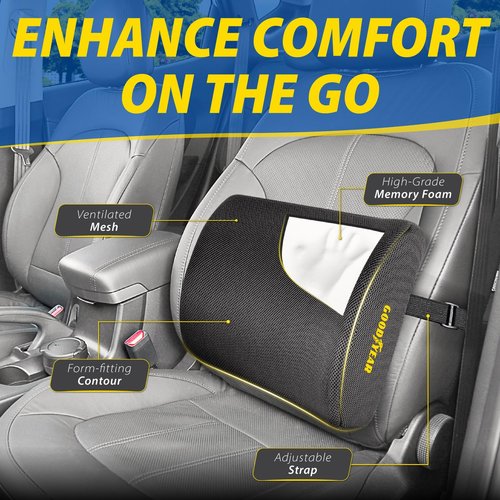 Goodyear Ergonomic Lumbar Support Pillow for Office Chair, Gaming Chair, or Car, Memory Foam Cushion with Ventilated Mesh and Adjustable Strap for Long Lasting Comfort