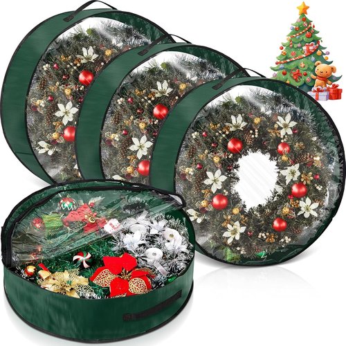 4 Pcs Christmas Wreath Storage Bag - Clear Window, Zipper & Handle | Green 24-Inch Garland Container