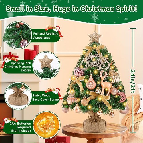 Livole 2 FT Small Christmas Tree, Mini Christmas Tree with Lights, Mini Tabletop Full Xmas Trees with 35 PCS Pink Ornaments, Merry Christmas, Xmas Tree for Table DIY Christmas Decor