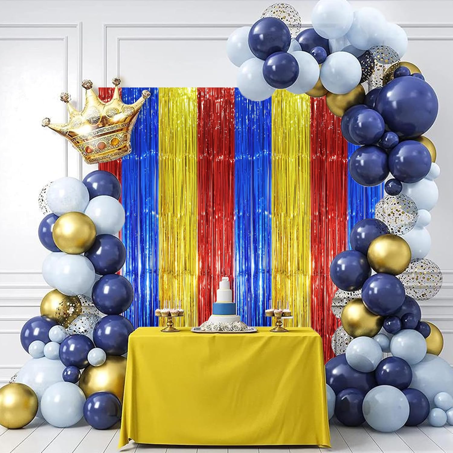 Voircoloria Fringe Backdrop Curtains - 3 Pack Tinsel Streamers in Blue, Red & Gold | 3.3 x 8.2 ft Party Decorations