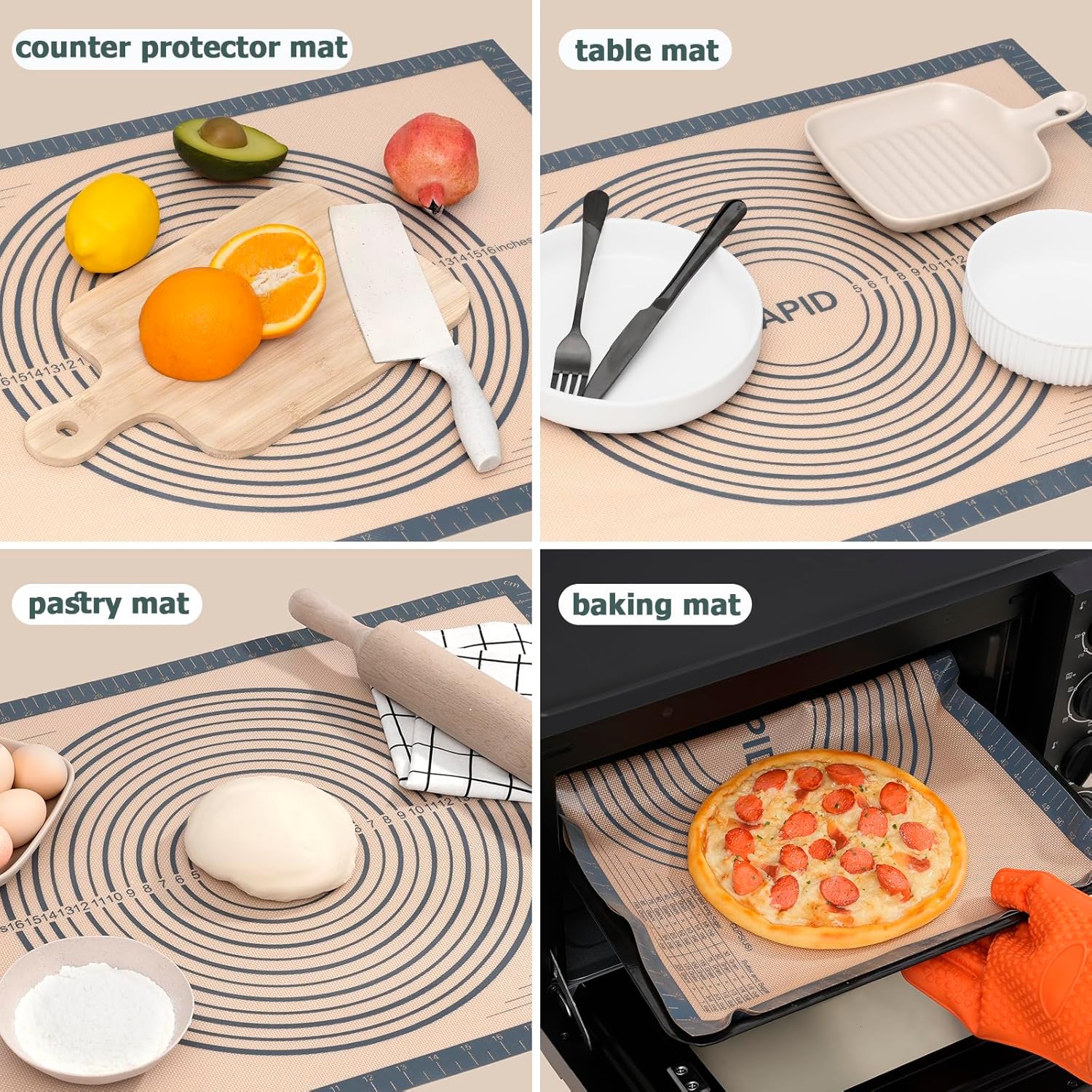Sapid Extra Thick Silicone Pastry Mat - Non-Slip Baking Surface with Measurements | Extra Large 20" x 28" Gray