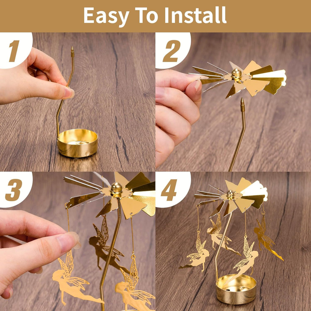 Skiennix Spinning Candle Holder - Gold Fairy Carousel Design | Rotating Metal Tea Light Centerpiece