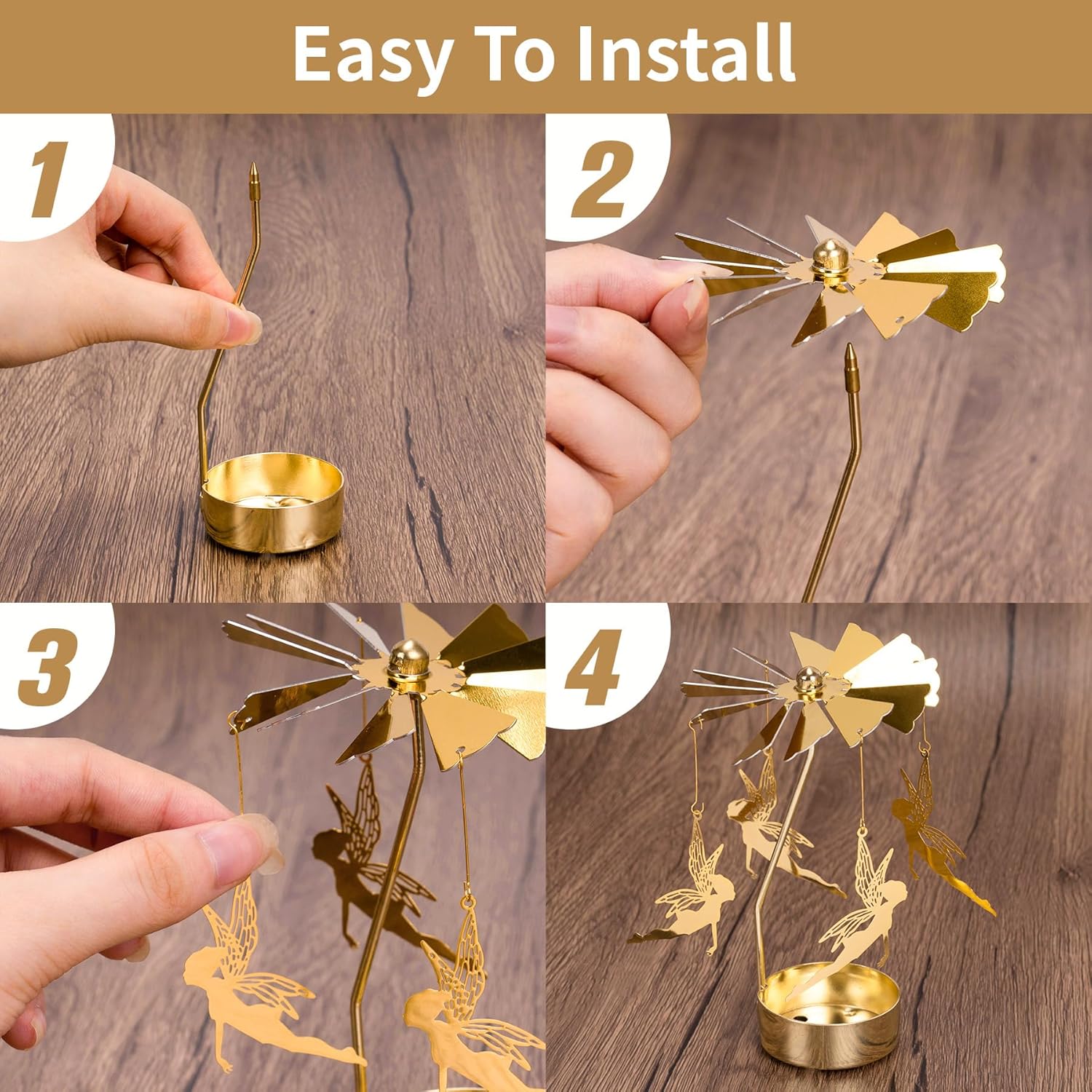 Skiennix Spinning Candle Holder - Gold Fairy Carousel Design | Rotating Metal Tea Light Centerpiece