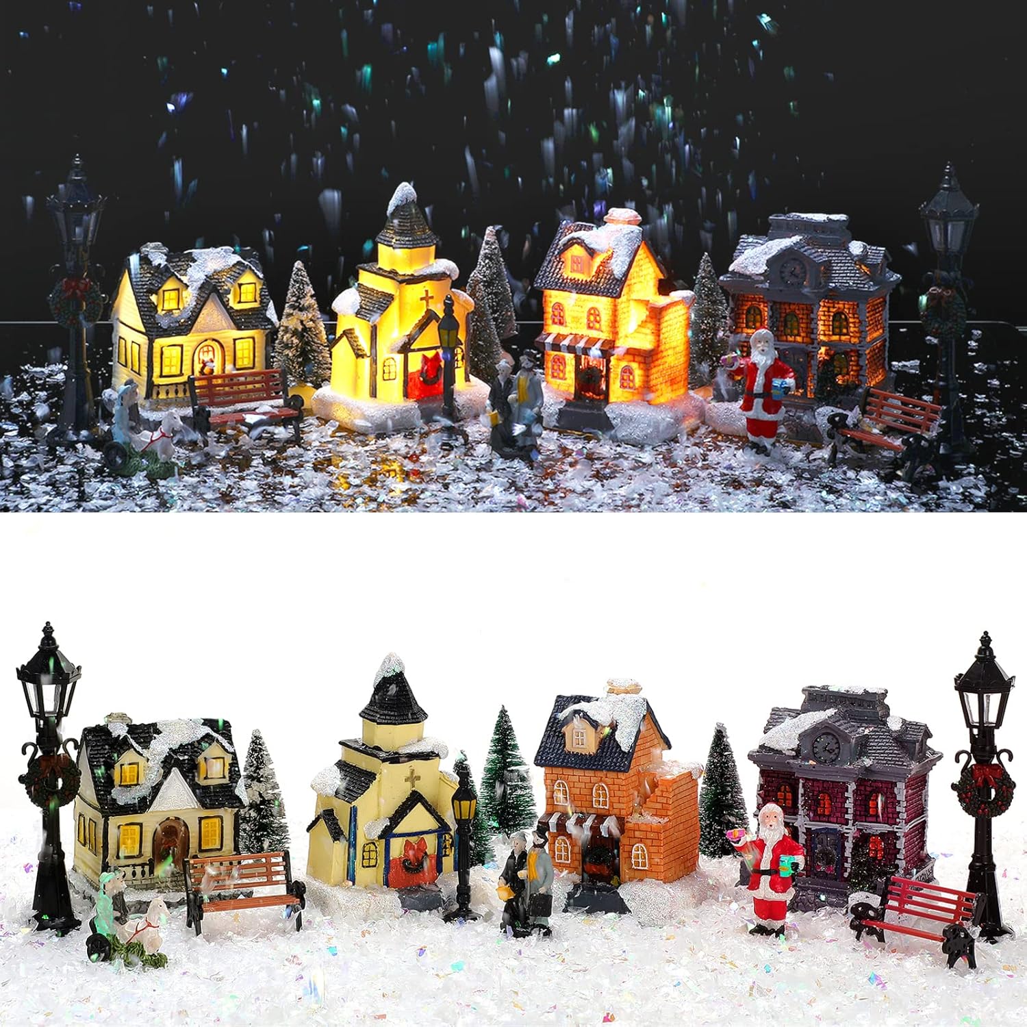 Queekay Christmas Village Set - 17 Pcs Lighted Resin Houses & Figurines | Winter Decorations for Indoor Use