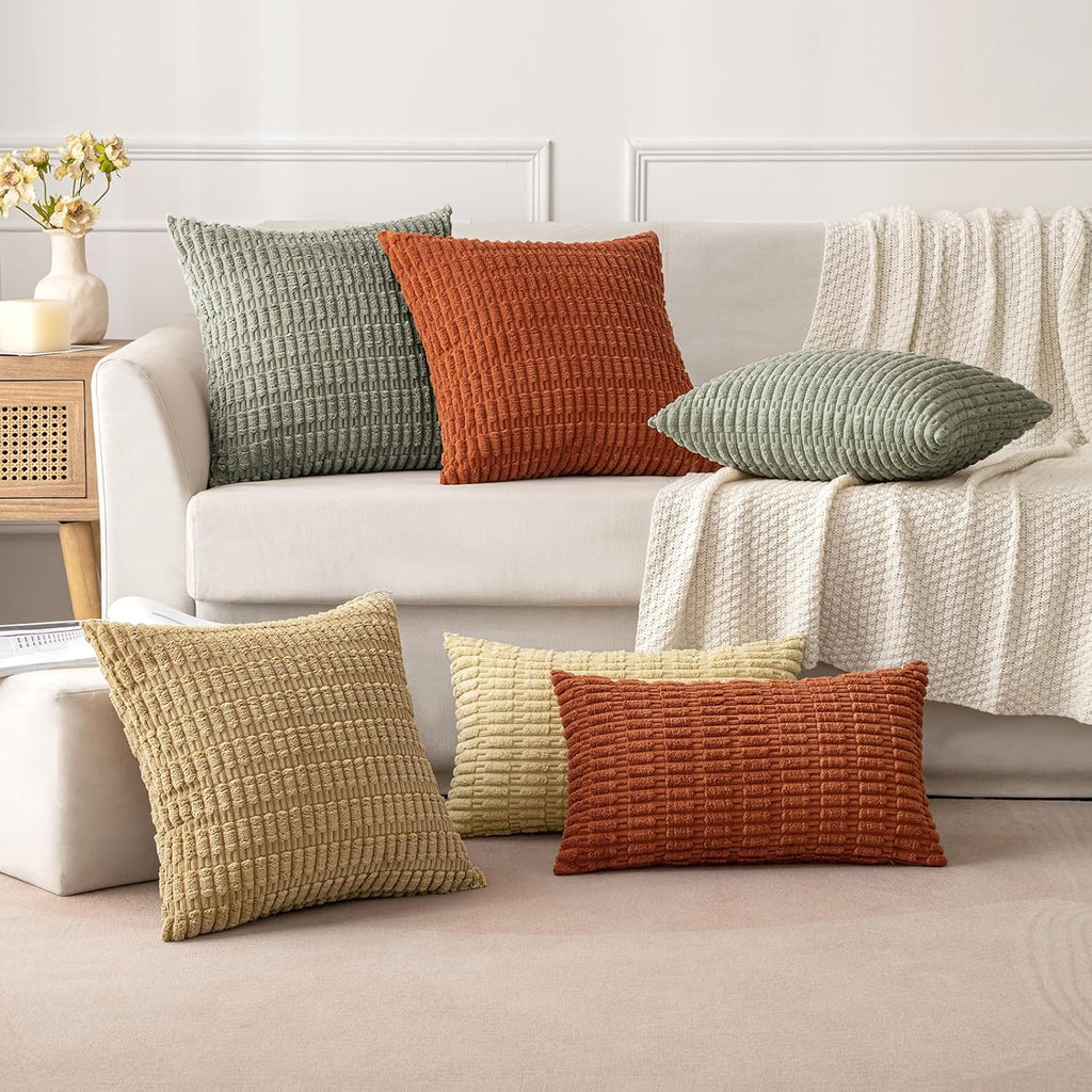 MIULEE Corduroy Throw Pillow Covers - Soft Boho Striped Design | 16x16 Inch Light Olive Green, Set of 2