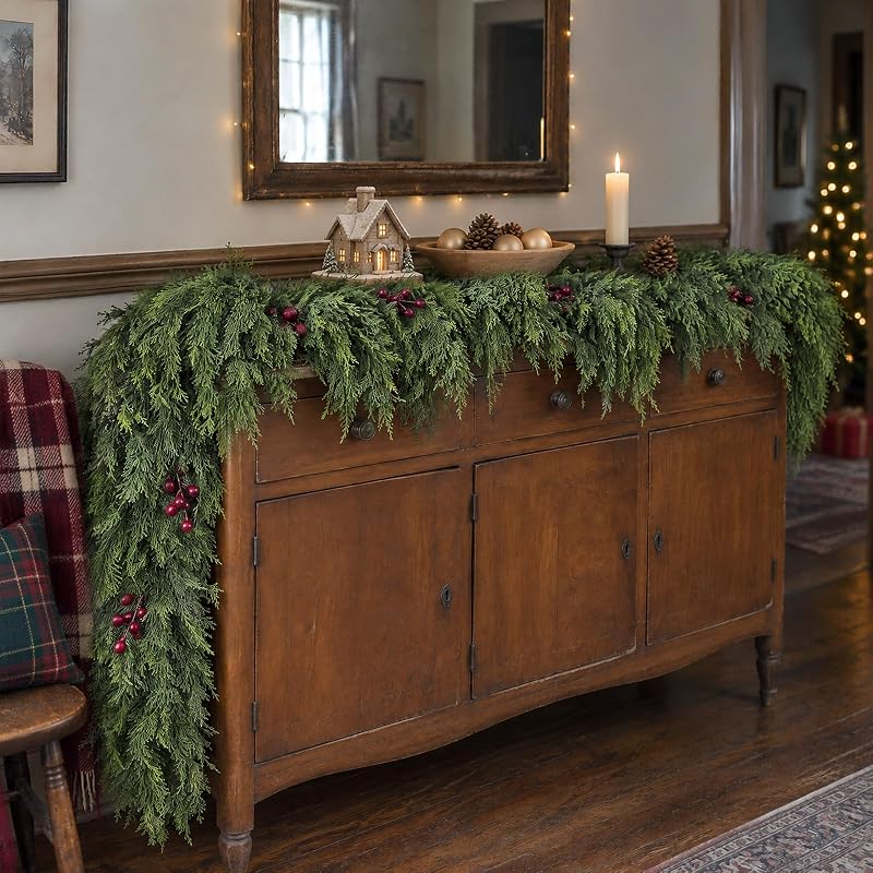 1Pcs 9FT Artificial Cedar Garland for Mantle Decor - Lifelike Touch, Christmas