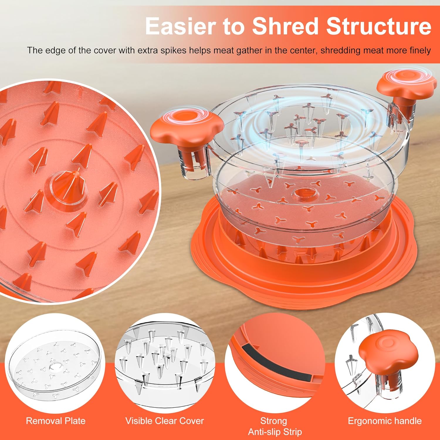 Skiennix Chicken Shredder - Manual Meat Shredder Tool with Transparent Lid & Cleaning Brush | Dishwasher Safe, Orange
