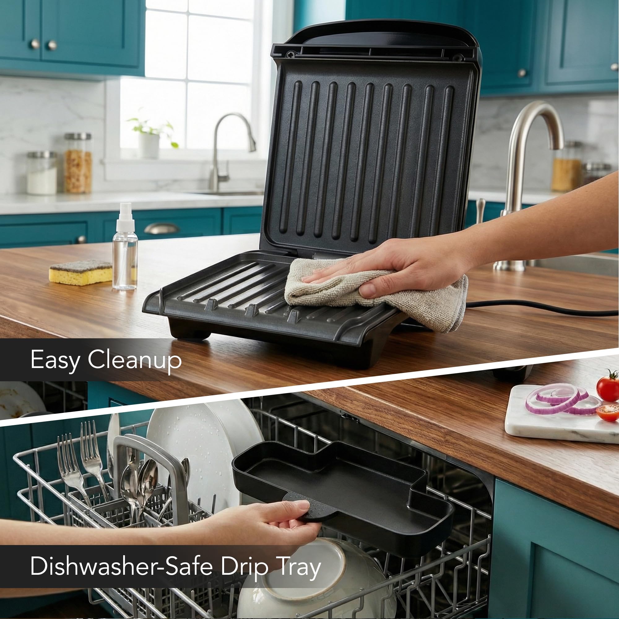 OVENTE 2-Serving Electric Indoor Grill & Panini Press with Easy Clean Non-Stick Plate Coating, Opens 180 Degrees, 8.15" x 7.4" Space Saving Design, 750W Contact Grill for Burgers & More, Black GP222B