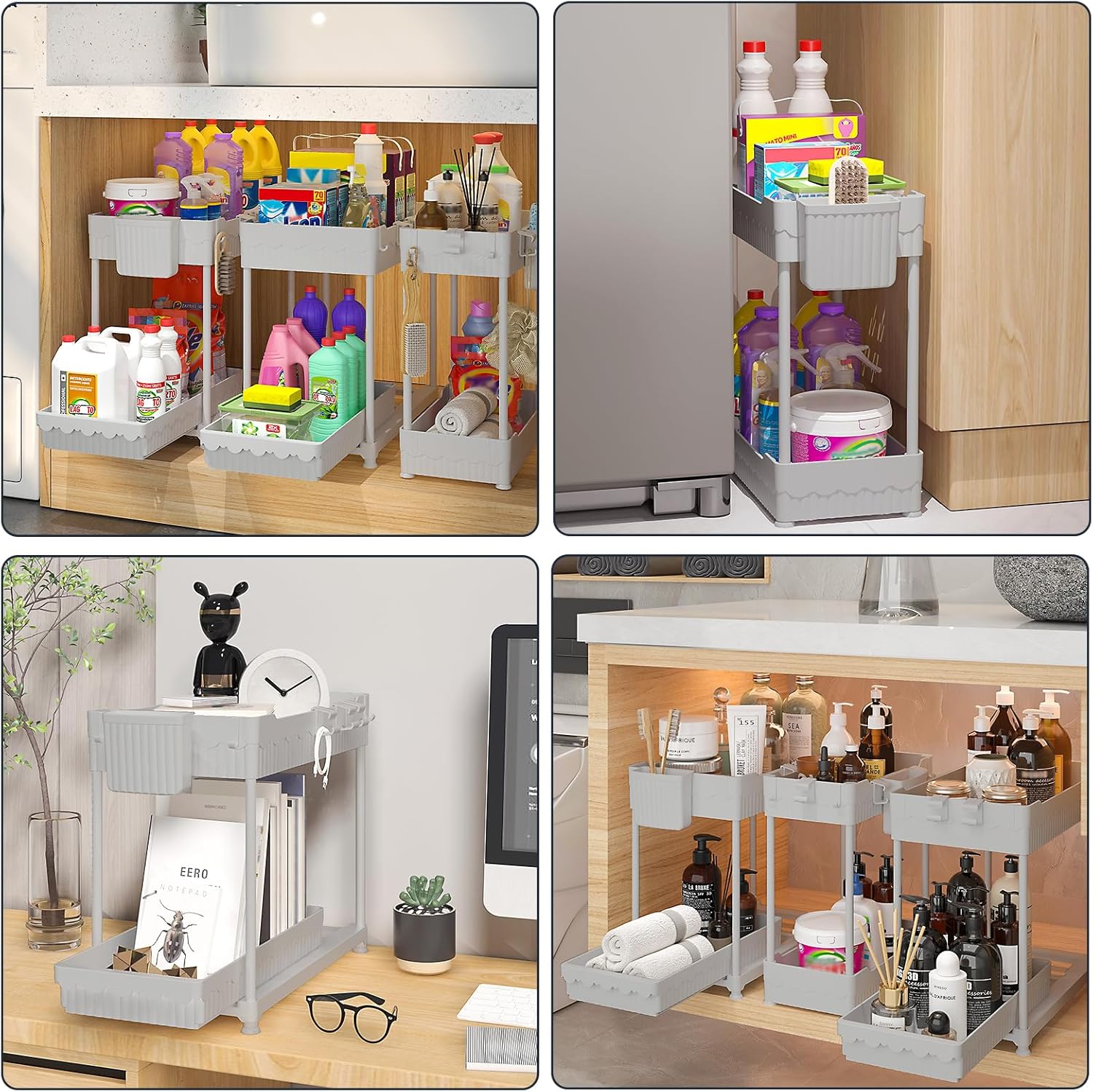 Sevenblue 3-Pack Under Sink Organizers - 2-Tier Kitchen & Bathroom Storage with Sliding Drawers | Gray, 14.8 Inch