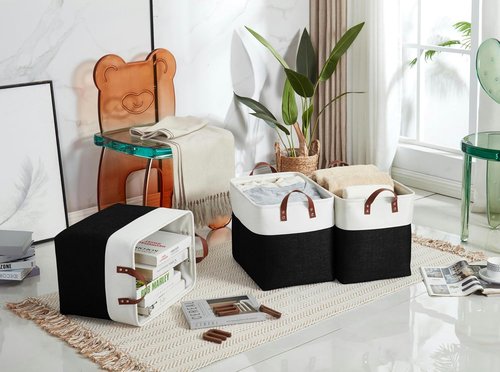 DECOMOMO Extra Large Fabric Storage Baskets - Stylish Organizing Bins with Handles | Black & White, Set of 3