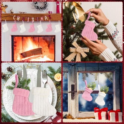 CCINEE 12Pack Mini Christmas Stockings, Pink and White Knitted Xmas Stocking Small Knit Hanging Stocking Decoration for Holiday Home Wall Fireplace Christmas Tree Decor