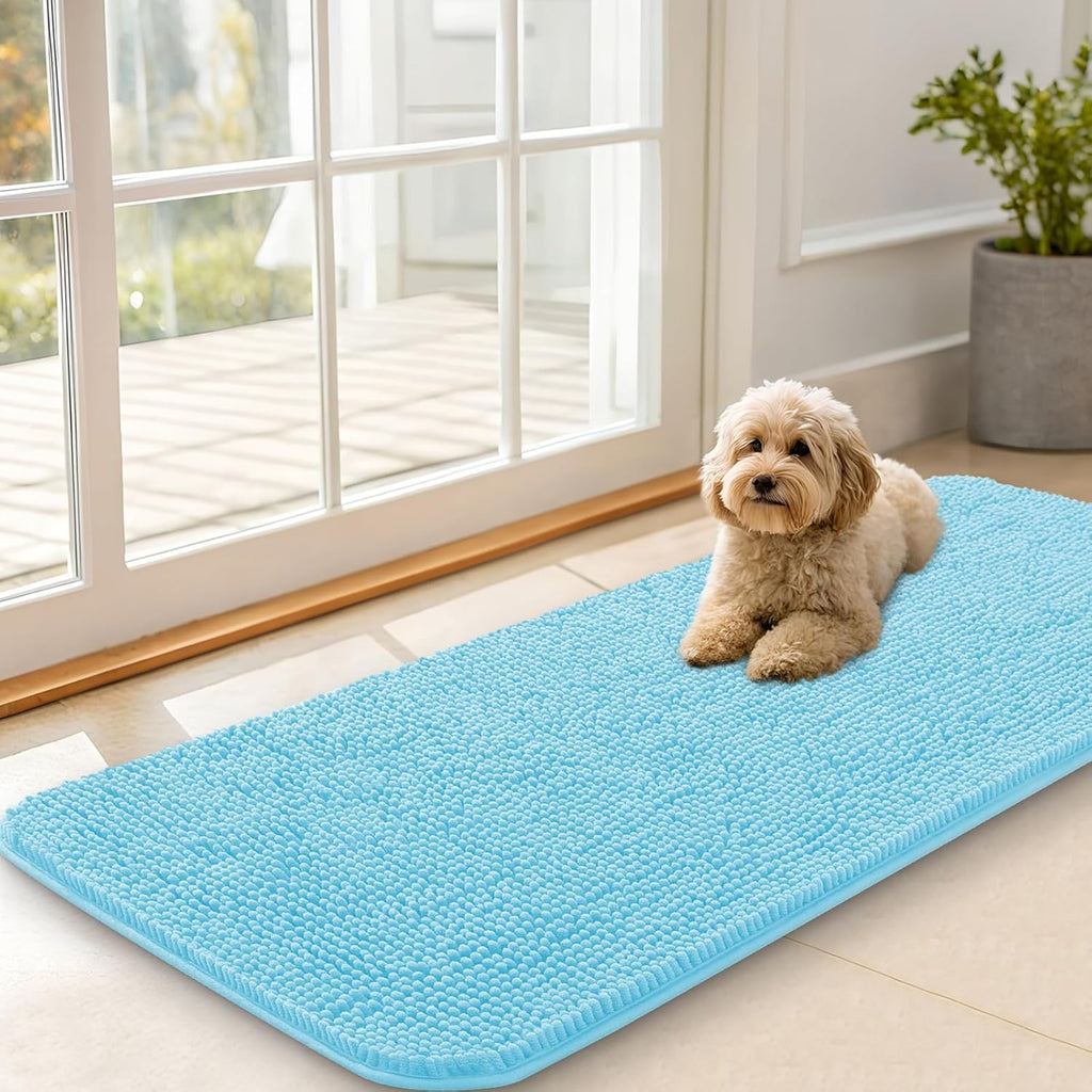 OLANLY Dog Door Mat - Absorbent Non-Slip Chenille Mat for Muddy Paws | 47x20, Quick Dry, Blue