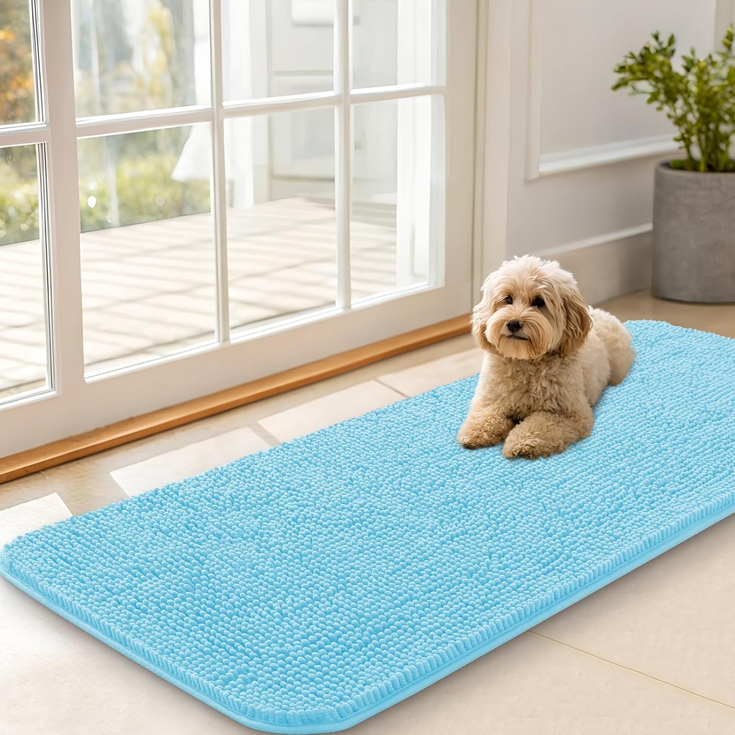 OLANLY Dog Door Mat - Absorbent Non-Slip Chenille Mat for Muddy Paws | 47x20, Quick Dry, Blue