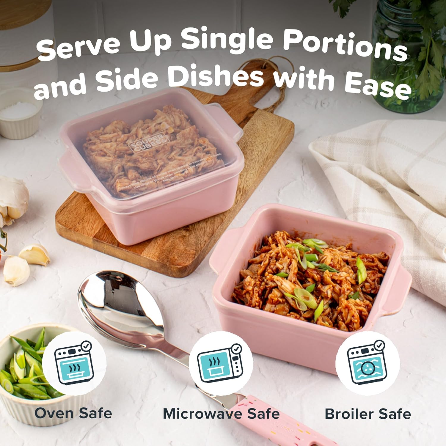Souper Cubes Stoneware Baking Dishes - Premium 5" x 5" Mini Ceramic Set with Silicone Covers - Cotton Candy