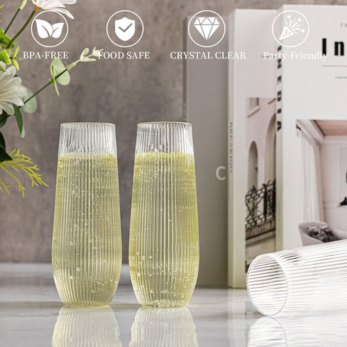 HOMIP 36pcs Clear Plastic Champagne Flutes - 9oz Disposable Champagne Flutes Stemless Toasting Glasses, Ribbed Ripple Design (BPA-Free) for Weddings, Bars & Events - Disposable Party Cups
