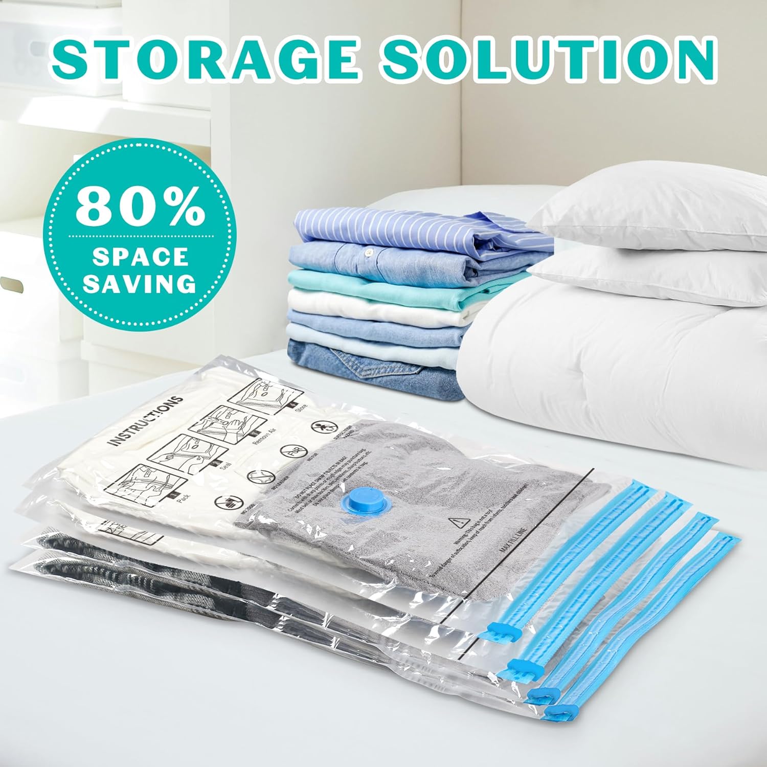 Skiennix Vacuum Seal Bags - 15 Pack Space Saver Storage for Clothing, Blankets & Travel | Hand Pump Included