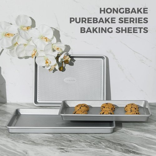 HONGBAKE Baking Sheet Pan Set - Naturally Non-Toxic Heavy Duty Aluminized Steel | 3-Piece Nonstick Cookie Sheets