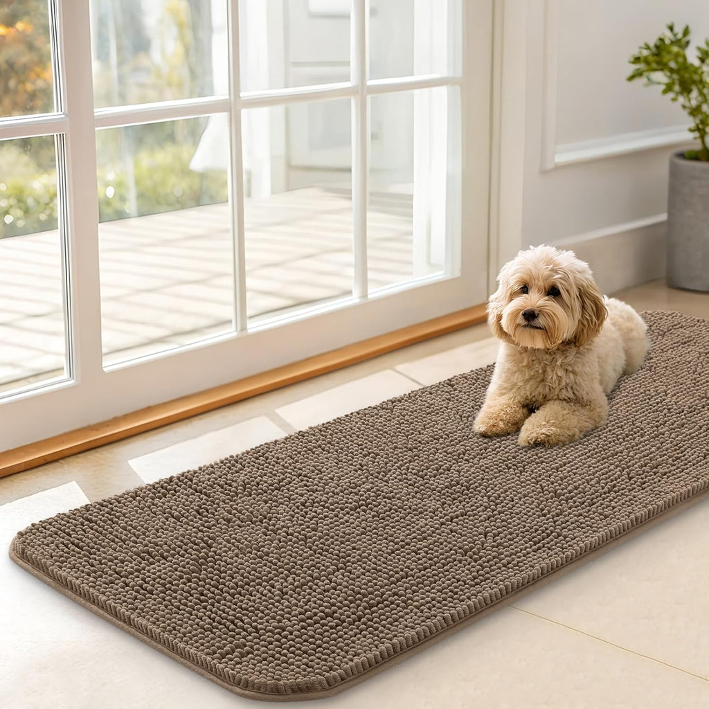 OLANLY Dog Door Mat - Absorbent Non-Slip Chenille Mat for Muddy Paws | 47x17 Inches, Tan Color