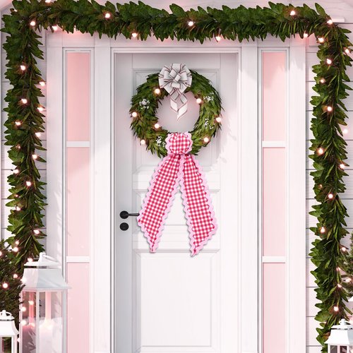 Whaline 2Pcs Wreath Sash for Front Door White Red Plaid Garland Ribbon for Holiday Wedding Birthday Party Home Decor Indoor Outdoor
