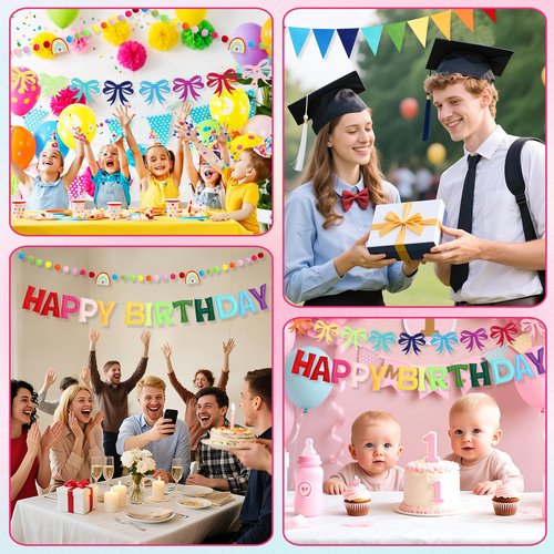 Happy Birthday Banner Set- Pre Strung Reusable Felt 3D Happy Birth Day Sign Banner, Pompom Garland, Bunting Flags and Bow Garland for Birthday Party Decorations for Women Men Boys Girls