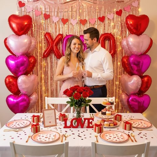 Valentine's Day Decorations Set - Red & Pink Heart Foil Balloons, XOXO Letter Balloons, Rose Gold Fringe Curtains, Heart Garland & 300 Rose Petals for Anniversary Proposal Wedding Special Night Party