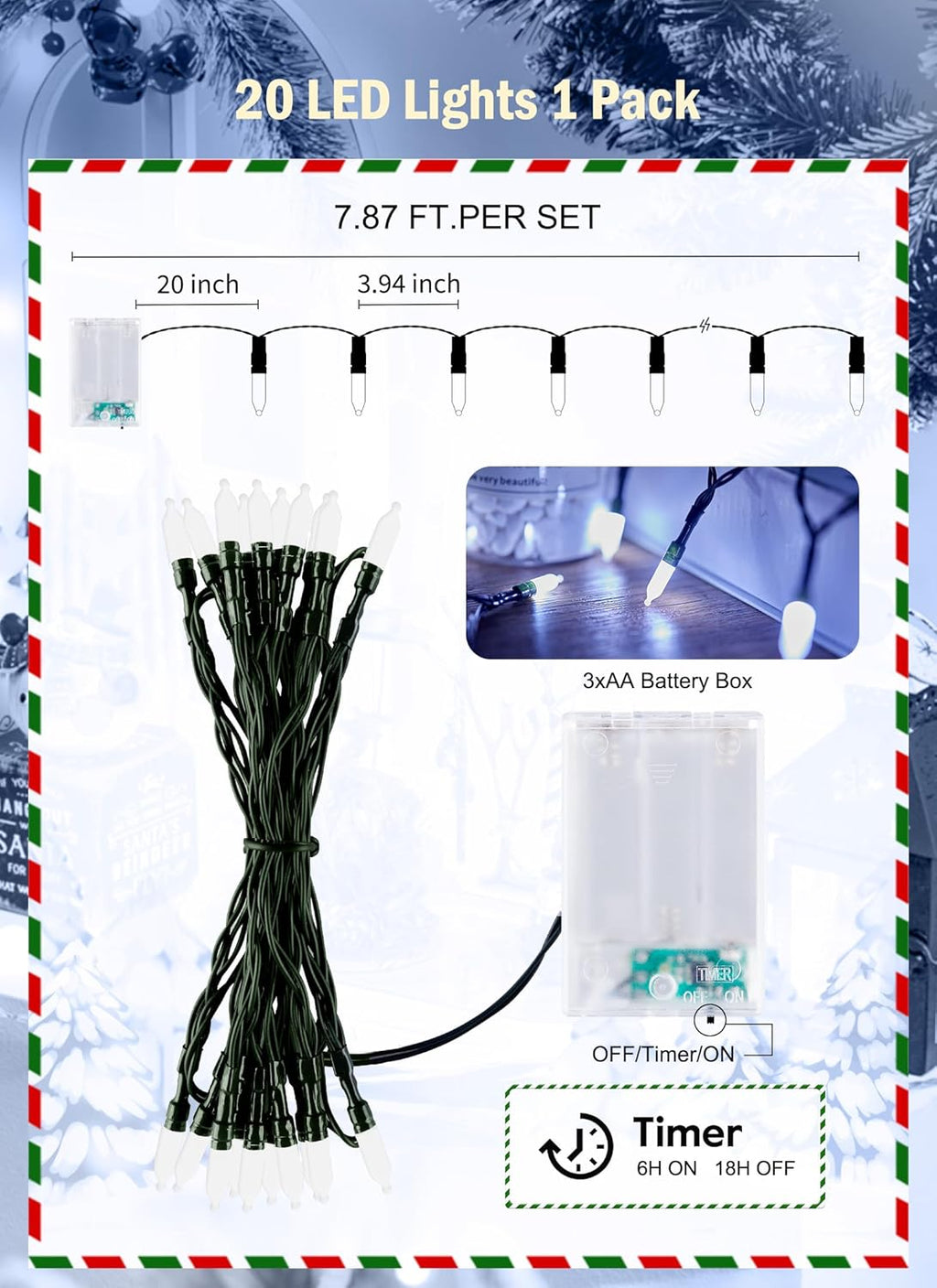 Skiennix Battery Operated Christmas String Lights - 8ft 20 LED Mini Lights with Timer | Pure White for Indoor & Outdoor Holiday Decor