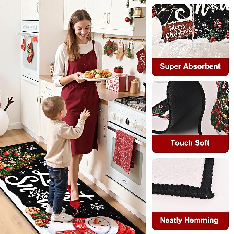Let It Snow Christmas Kitchen Rugs Set of 2 – 17x30 & 17x47 Runner with Non Slip Backing, Snowman Crystal Velvet
