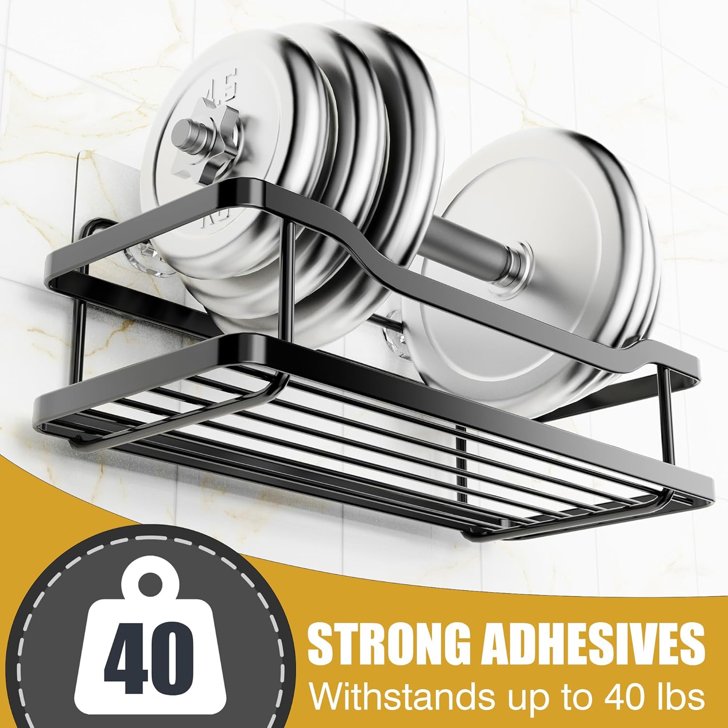OMAIRA Shower Caddy - 5-Pack No-Drill Rustproof Organizer with Soap Holder | X-Large Black for Smooth Walls