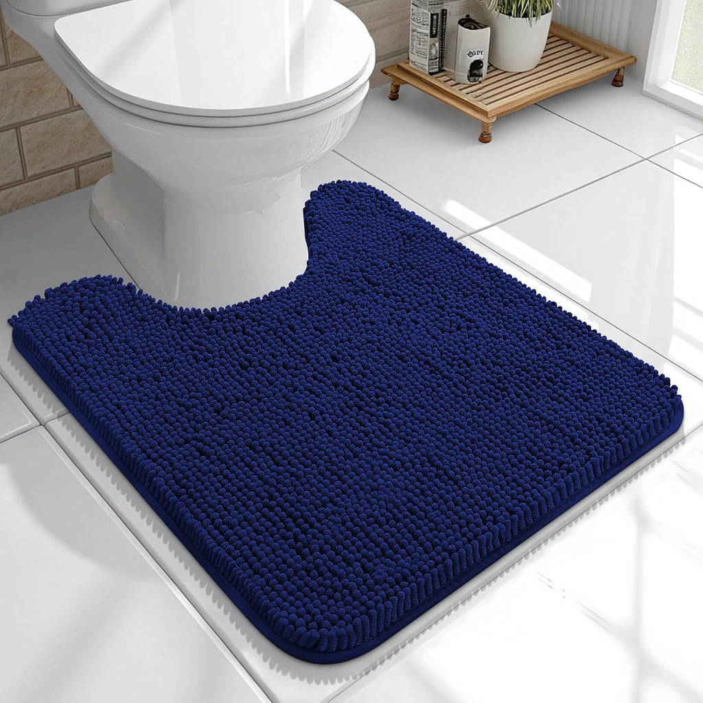 OLANLY U-Shaped Toilet Rugs - Extra Soft Chenille, Quick-Dry, Non-Slip Bath Mat | 20x20 Navy