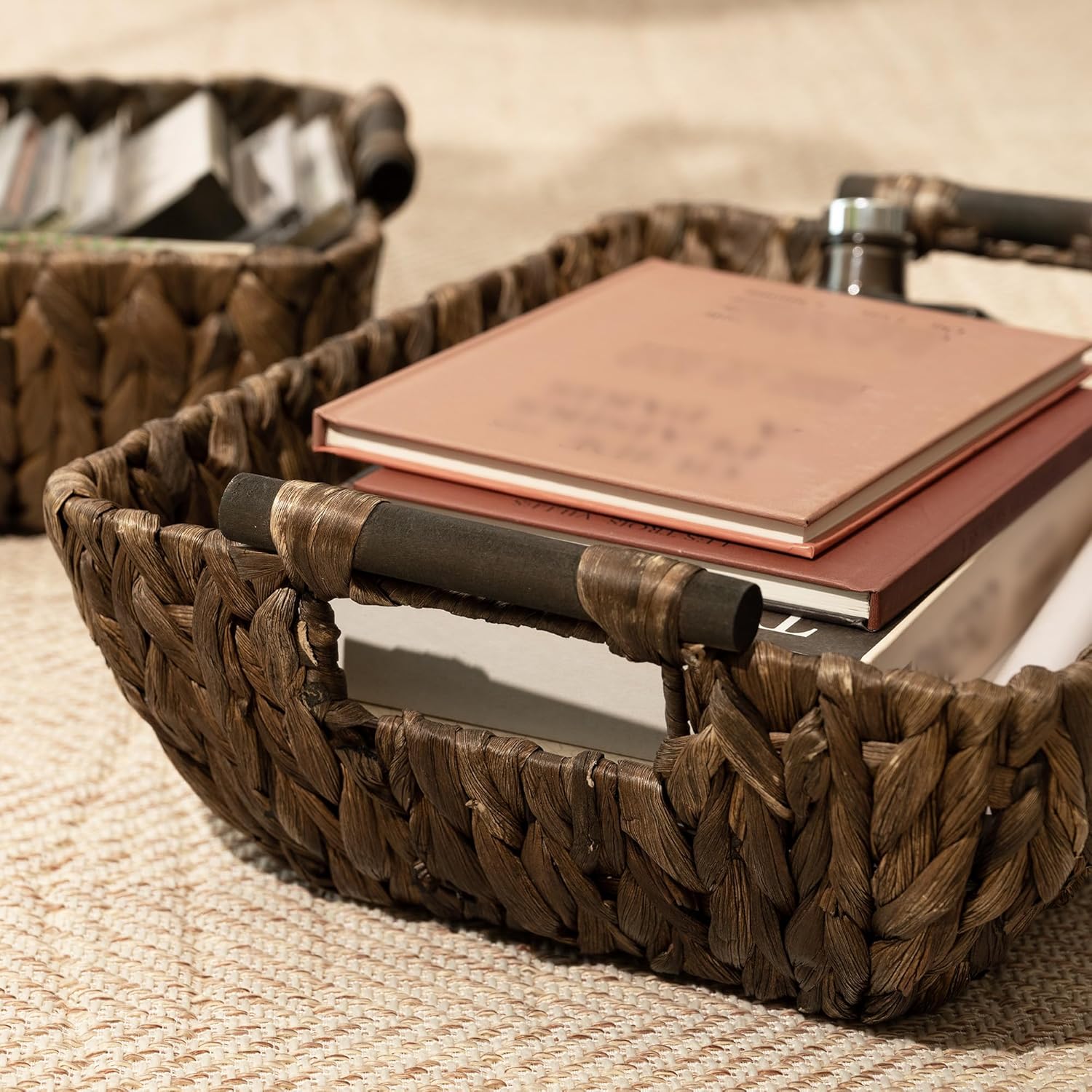 StorageWorks Wicker Baskets - Stylish Organizing Solution with Wooden Handles | Brown, 2-Pack