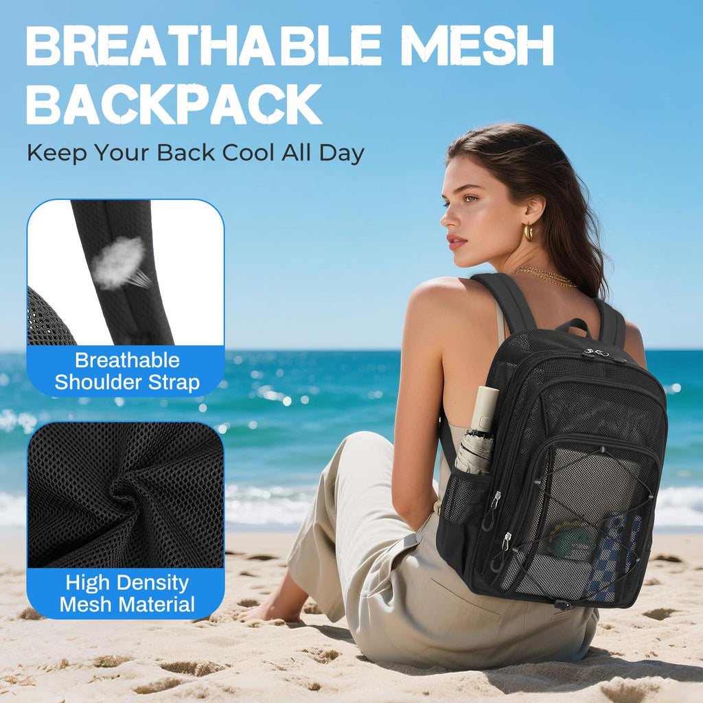 Sisipoet Mesh Backpack, Heavy Duty Mesh Bookbag for Girls Boys Kids, See Through Clear Backpacks, Net Backpack Transparent Breathable for School Beach Swim Travel Outdoor, Black