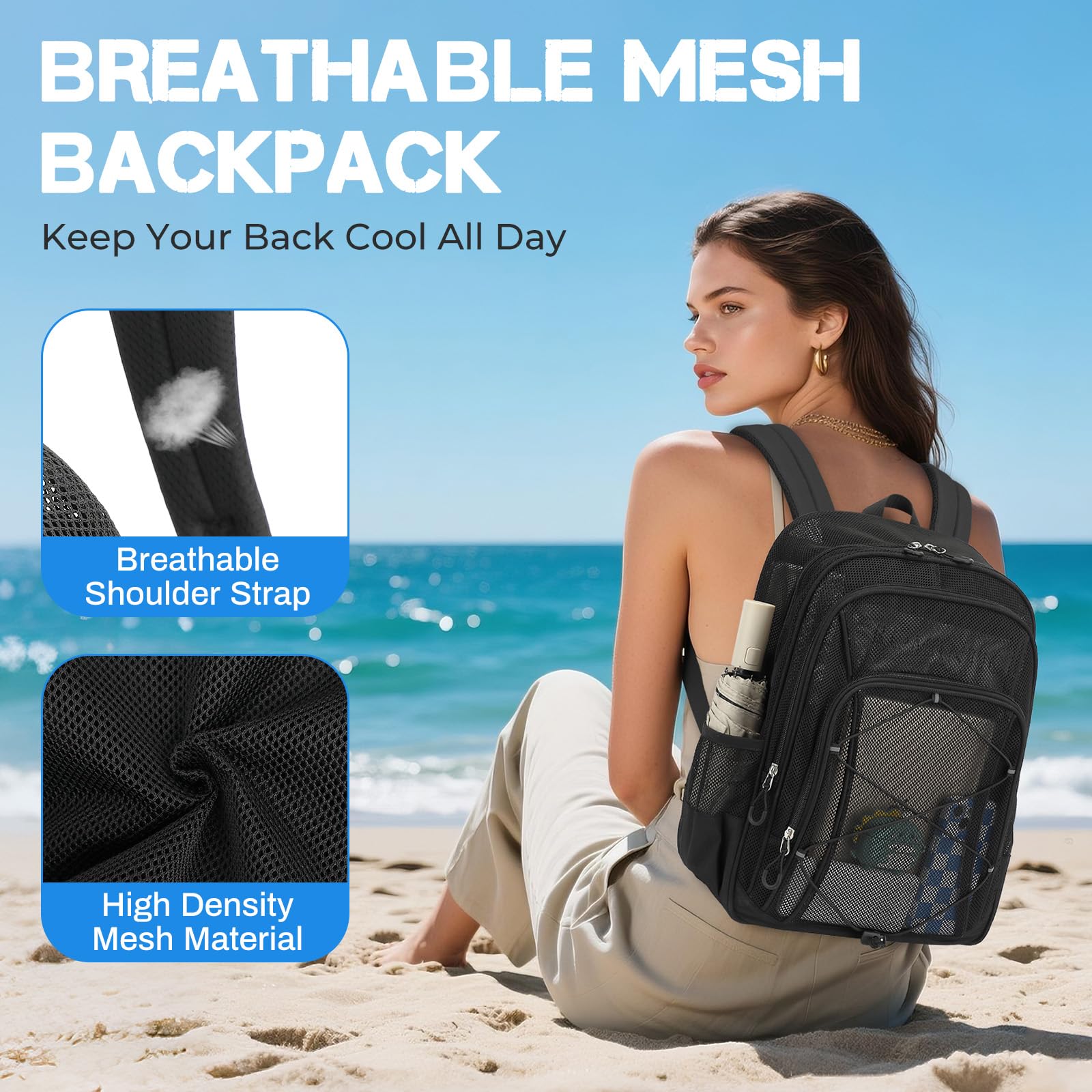 Sisipoet Mesh Backpack, Heavy Duty Mesh Bookbag for Girls Boys Kids, See Through Clear Backpacks, Net Backpack Transparent Breathable for School Beach Swim Travel Outdoor, Black