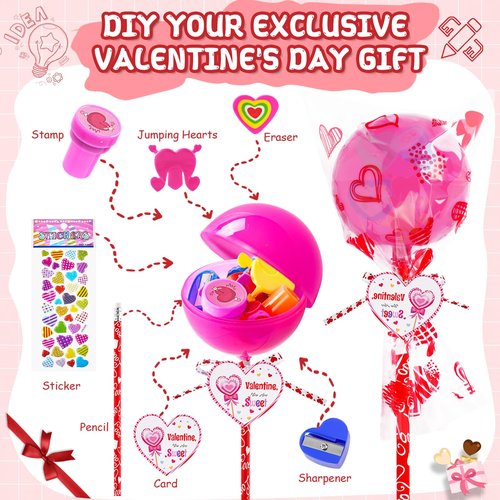 JOYLOKY 240pcs Stationery Set Valentines Day Gifts for Kids Classroom Exchange with Giant Lollipop, 24 Pack Valentines Day Cards for Kids School Party Favors Prizes Goodie Bag Stuffers
