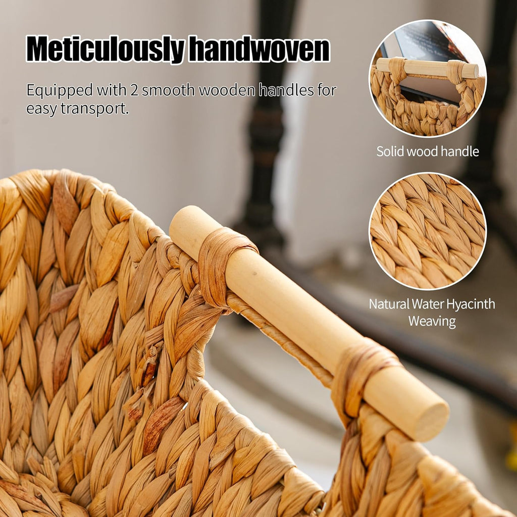Mowtanco Woven Storage Baskets - Handwoven Water Hyacinth Baskets with Wooden Handles | Set of 2 Medium