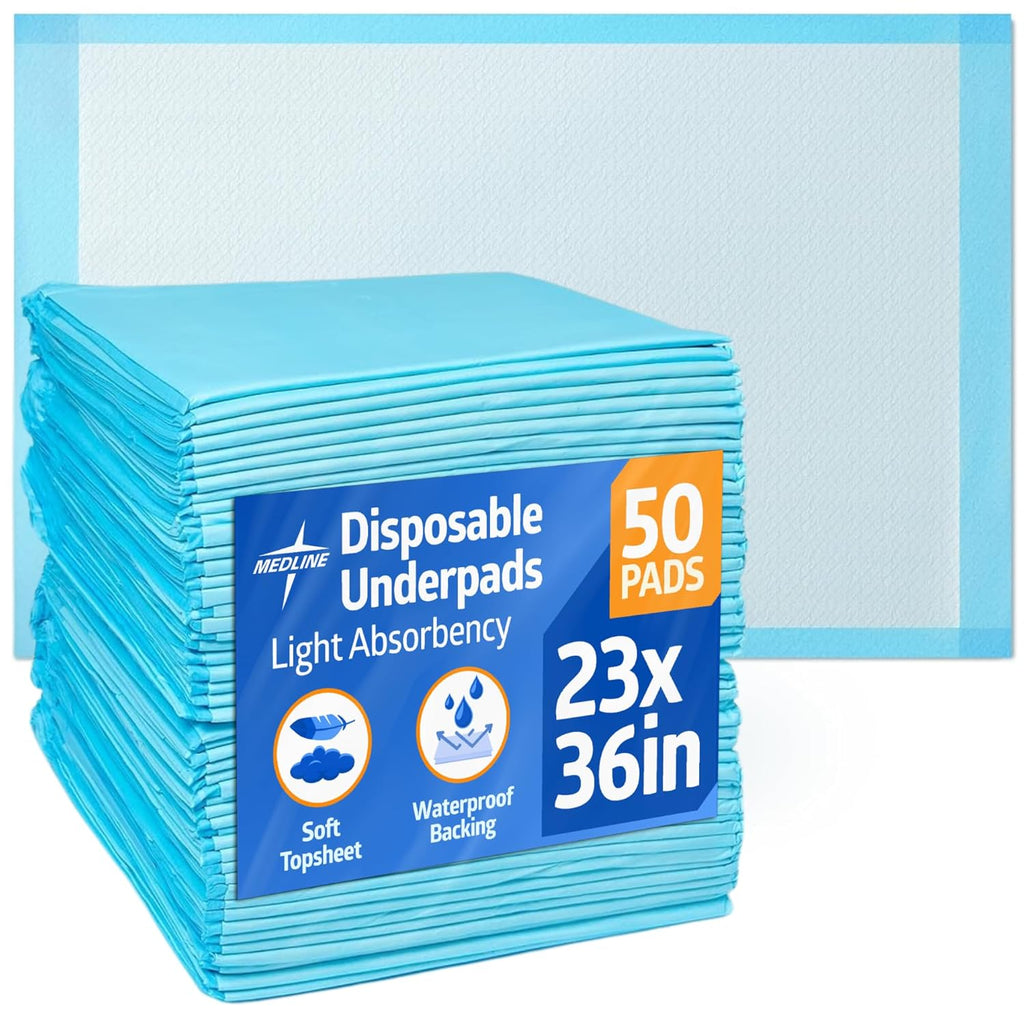 Medline Underpad - Light Absorbency Disposable Bed Protection | 23" x 36", 50 Count for Kids & Adults