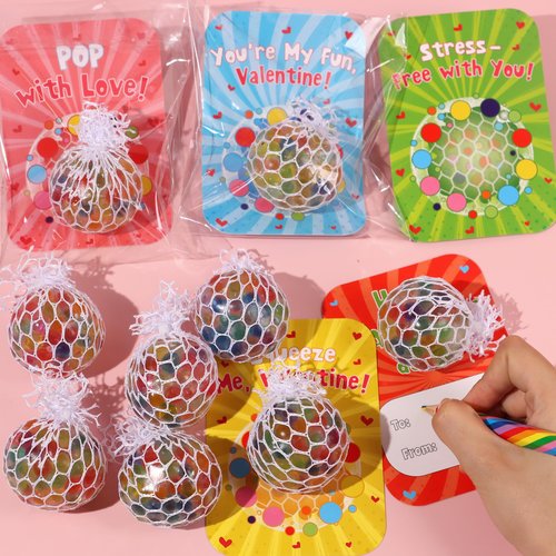 24 Pack Valentines Day Gifts for Kids Classroom Fidget Stress Balls with Valentines Cards for Kids School, Stress Relief Toys Squeeze Balls for Boys Girls Classroom Exchange Gifts Class Party Favors
