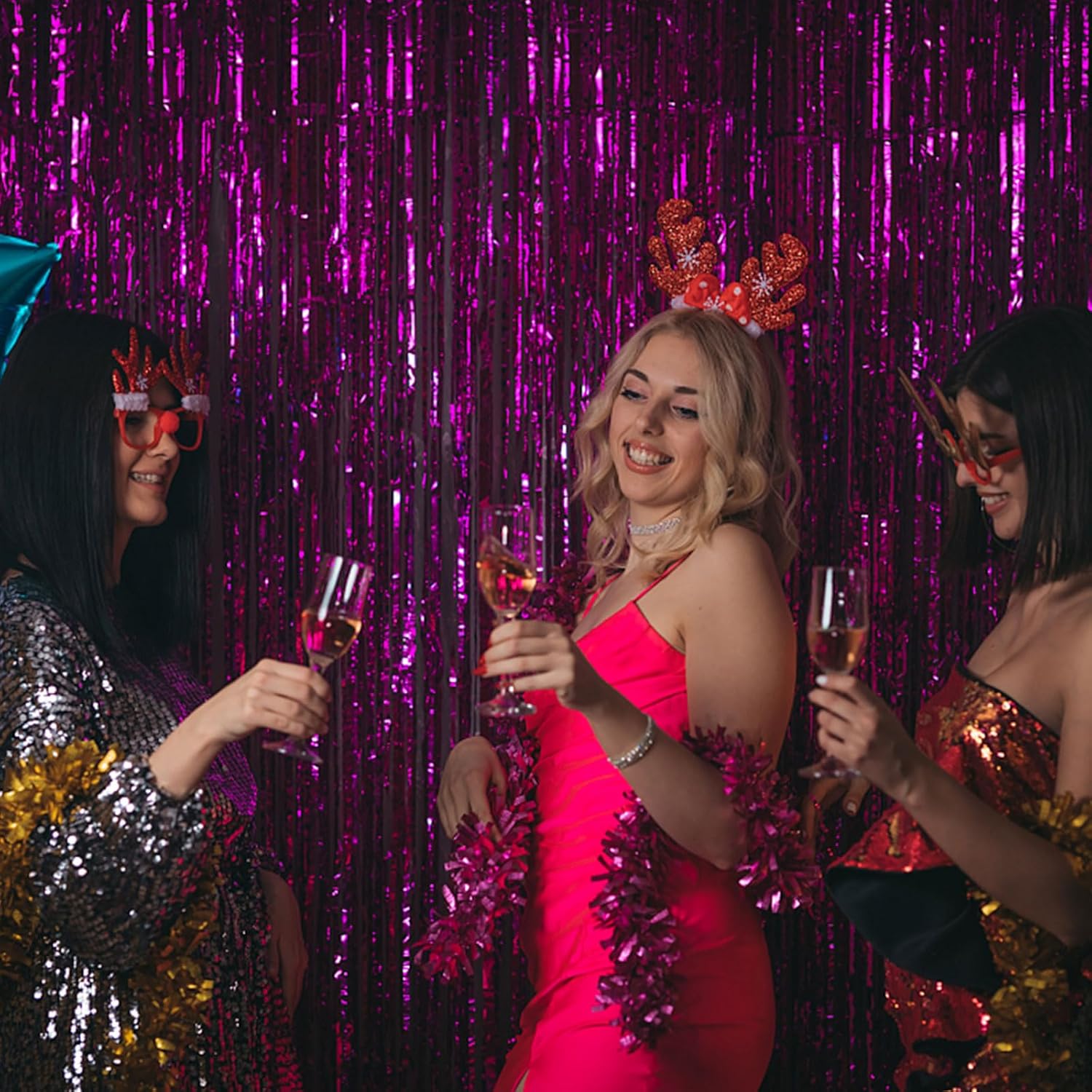 Skiennix Hot Pink Party Backdrop - 2 Pack Tinsel Curtain for Birthdays & Celebrations