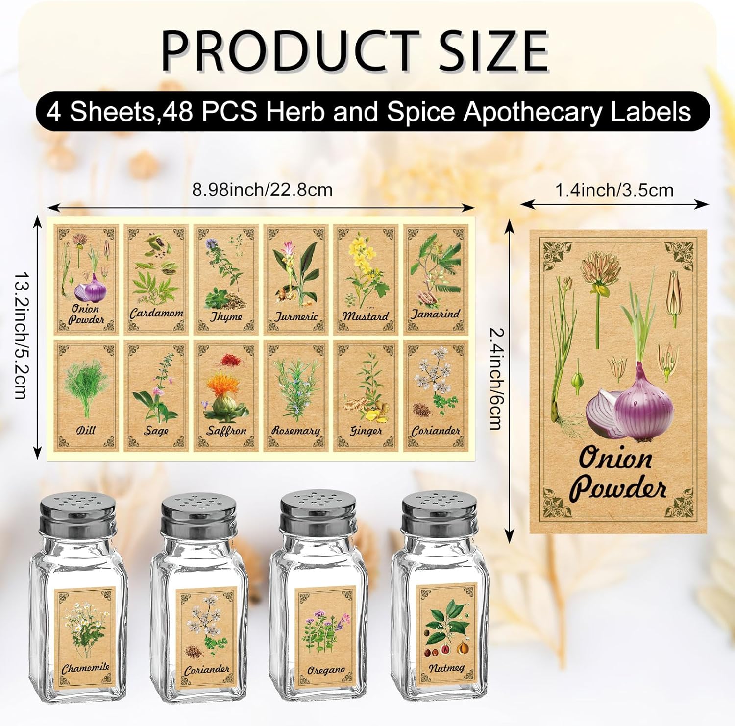 Skiennix 48PCS Herb & Spice Labels - Vintage Stickers for Jar Organization | 1.4"x2.4" Size