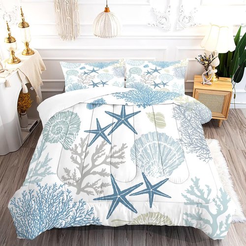 FUYEUN Coastal Comforter Set Twin Size Nautical Bedding for Kids Men Women, Beach Starfish Shell Quilt Bedroom Decor 1 Comforter 1 Pillowcase