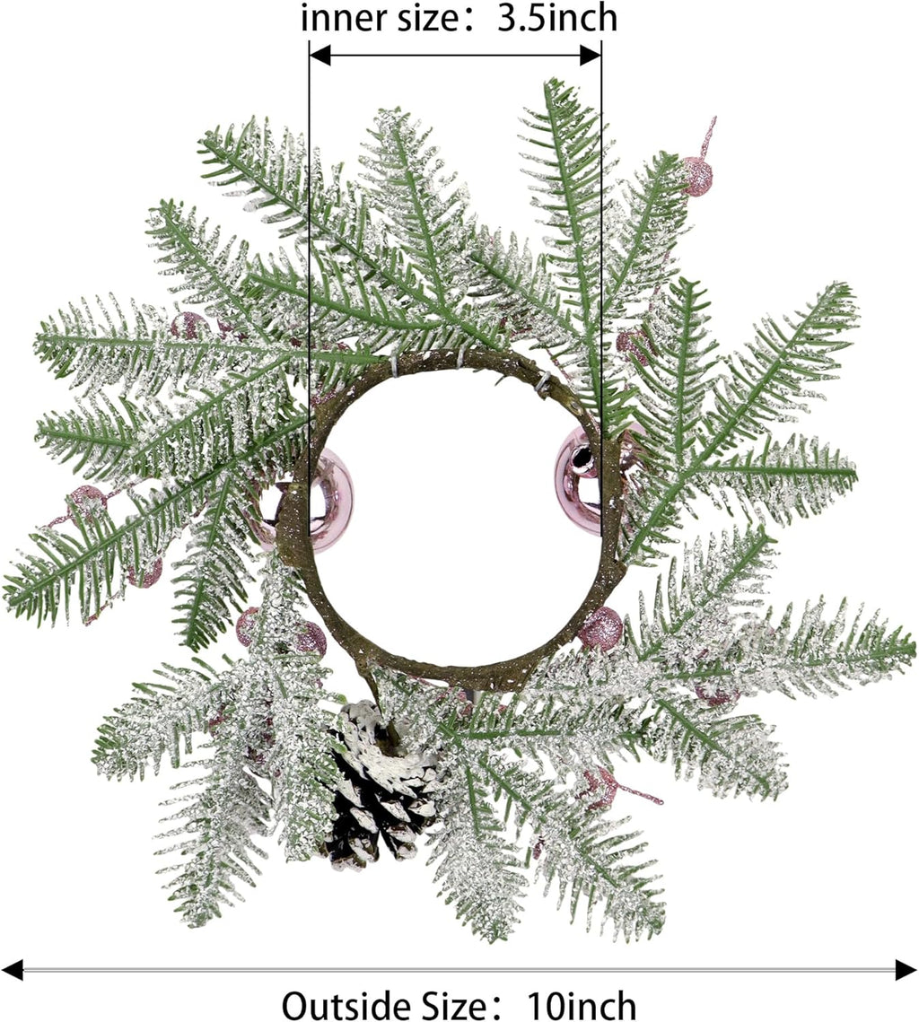 Pink Christmas Candle Rings - 8-Inch Small Wreaths with Pine Cones, Berries & Pine Needles for Holiday Decor