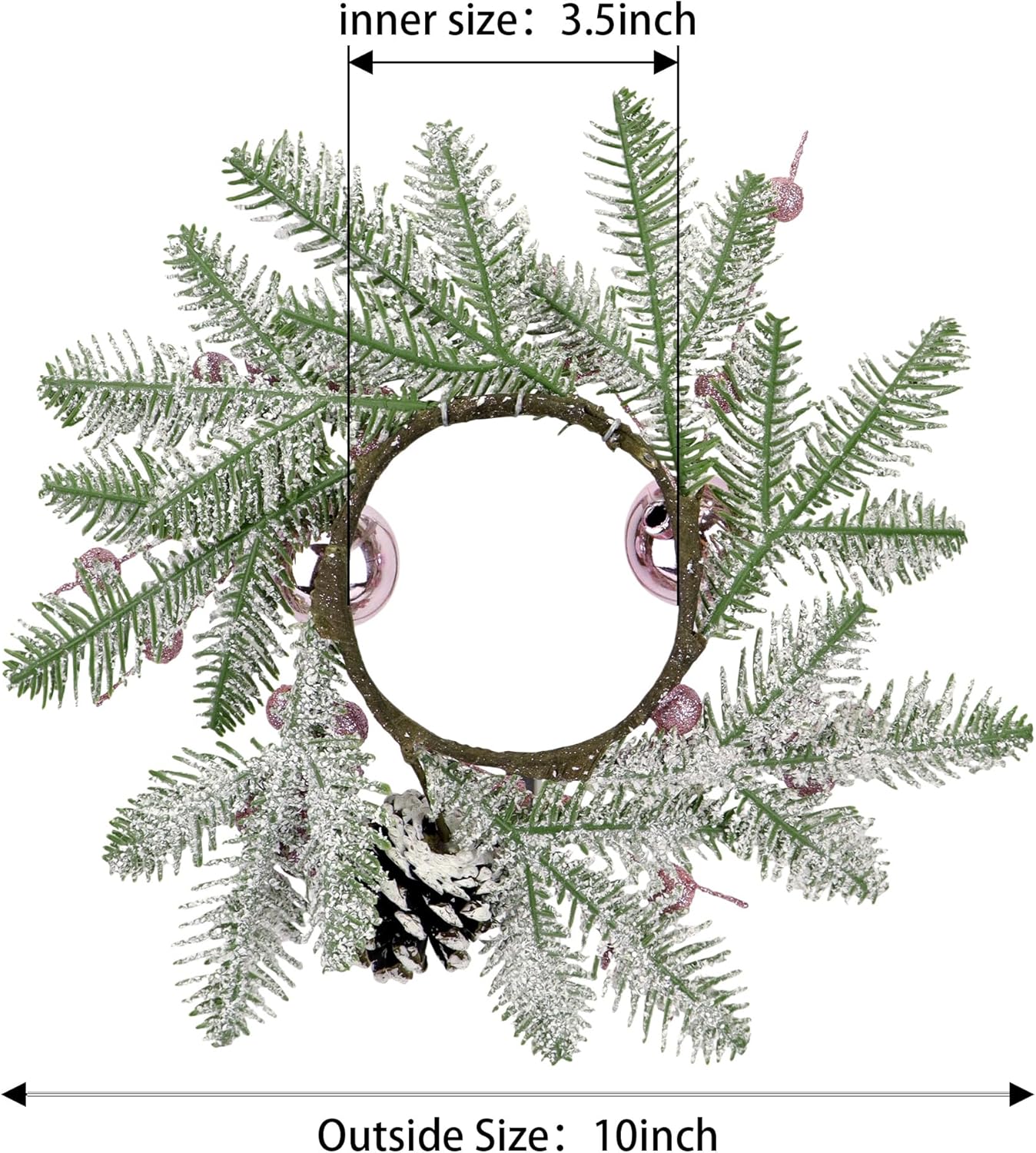 Pink Christmas Candle Rings - 8-Inch Small Wreaths with Pine Cones, Berries & Pine Needles for Holiday Decor