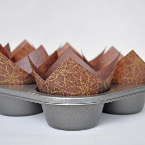 MyBakning (JUMBO Large size) Brown Golden pattern Tulip Baking Cups 2-1/4"(Base diameter) x 3-3/4"(Wall height) Greaseproof paper Muffin liners, Case of 130 pcs
