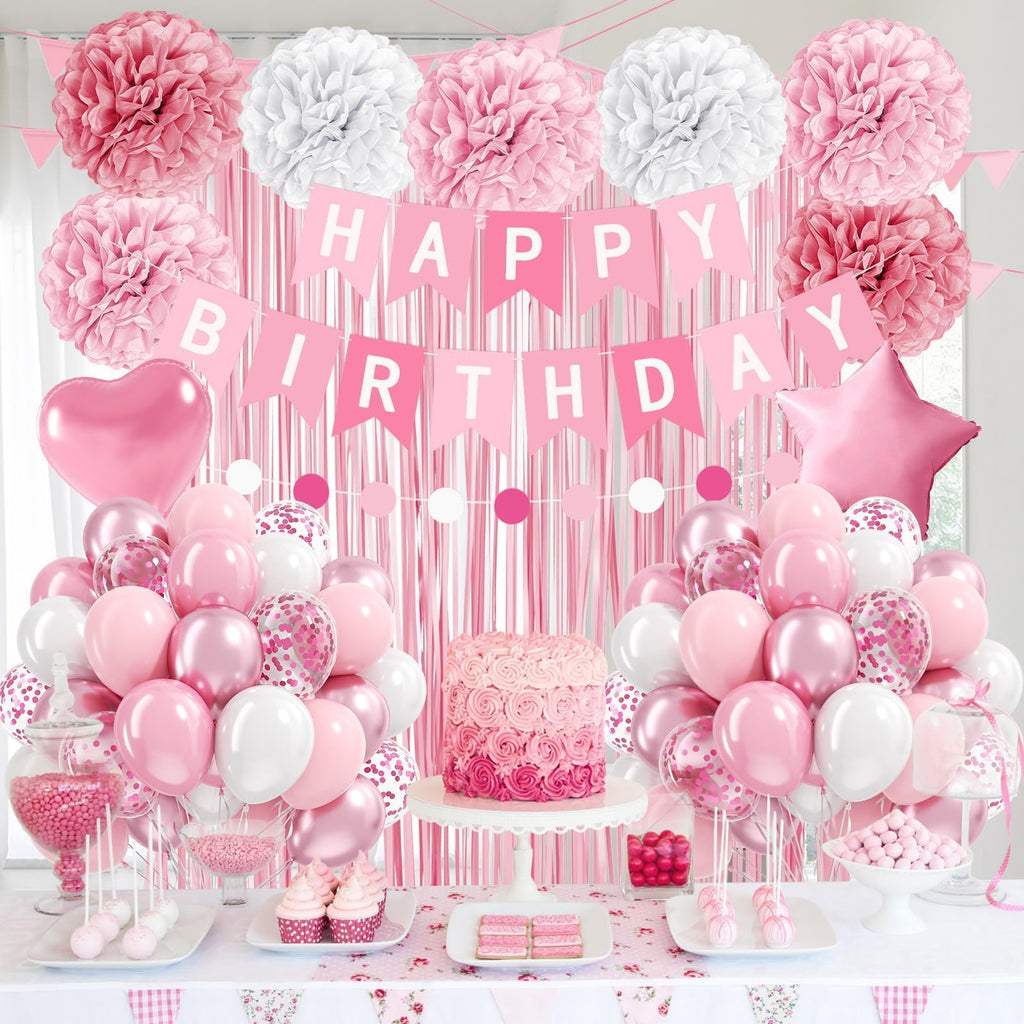 Pink Birthday Decorations with Pink Paper Pompoms Pearl White Balloons Banner Fringe Curtain for Birthday Decorations for Women
