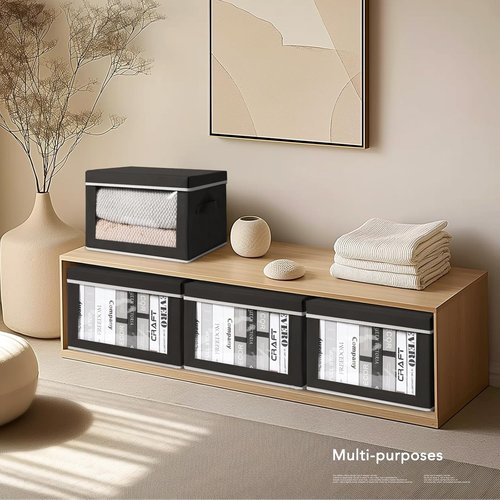 Homsorout Storage Boxes - 5 Pack Foldable Clear Window Bins with Handles | Large Black Storage Containers for Clothes, Towels, and Blankets